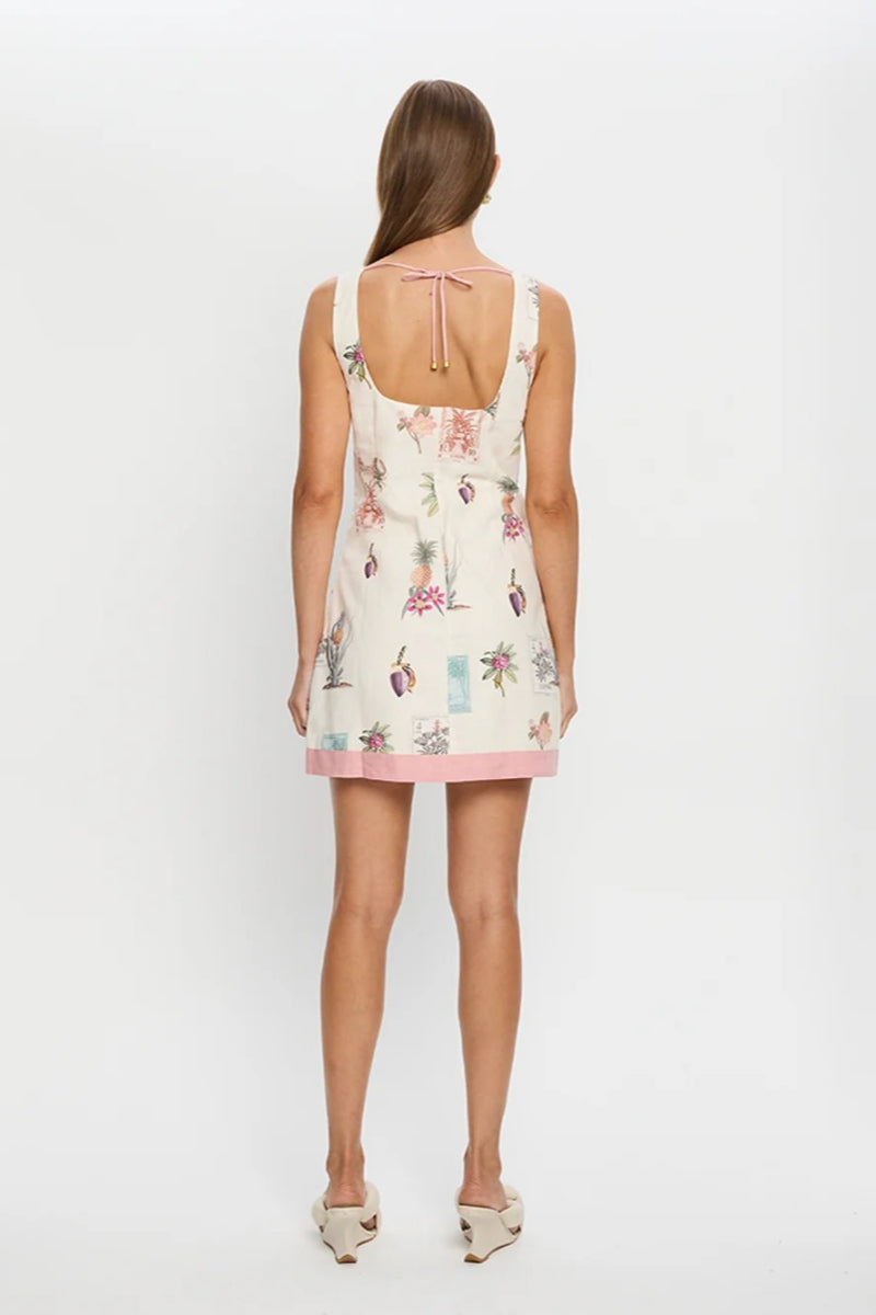 Multi-colored - Women's sleeveless mini shift dress in cream featuring a vintage botanical and stamp print with a solid pink contrast hem.