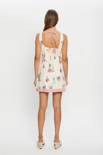 Multi-colored - Women's sleeveless mini shift dress in cream featuring a vintage botanical and stamp print with a solid pink contrast hem.