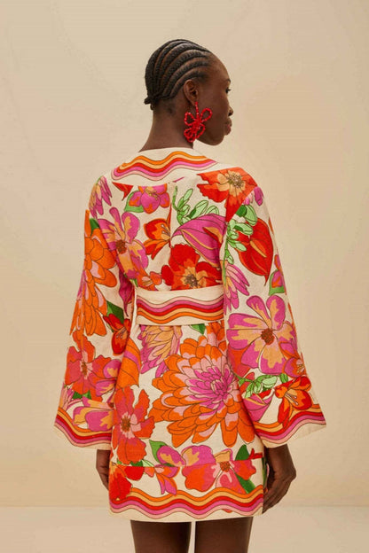 Red - Women's mini wrap dress featuring a vibrant, retro-inspired floral and wavy stripe print, complete with wide kimono sleeves and a self-tie waist belt.