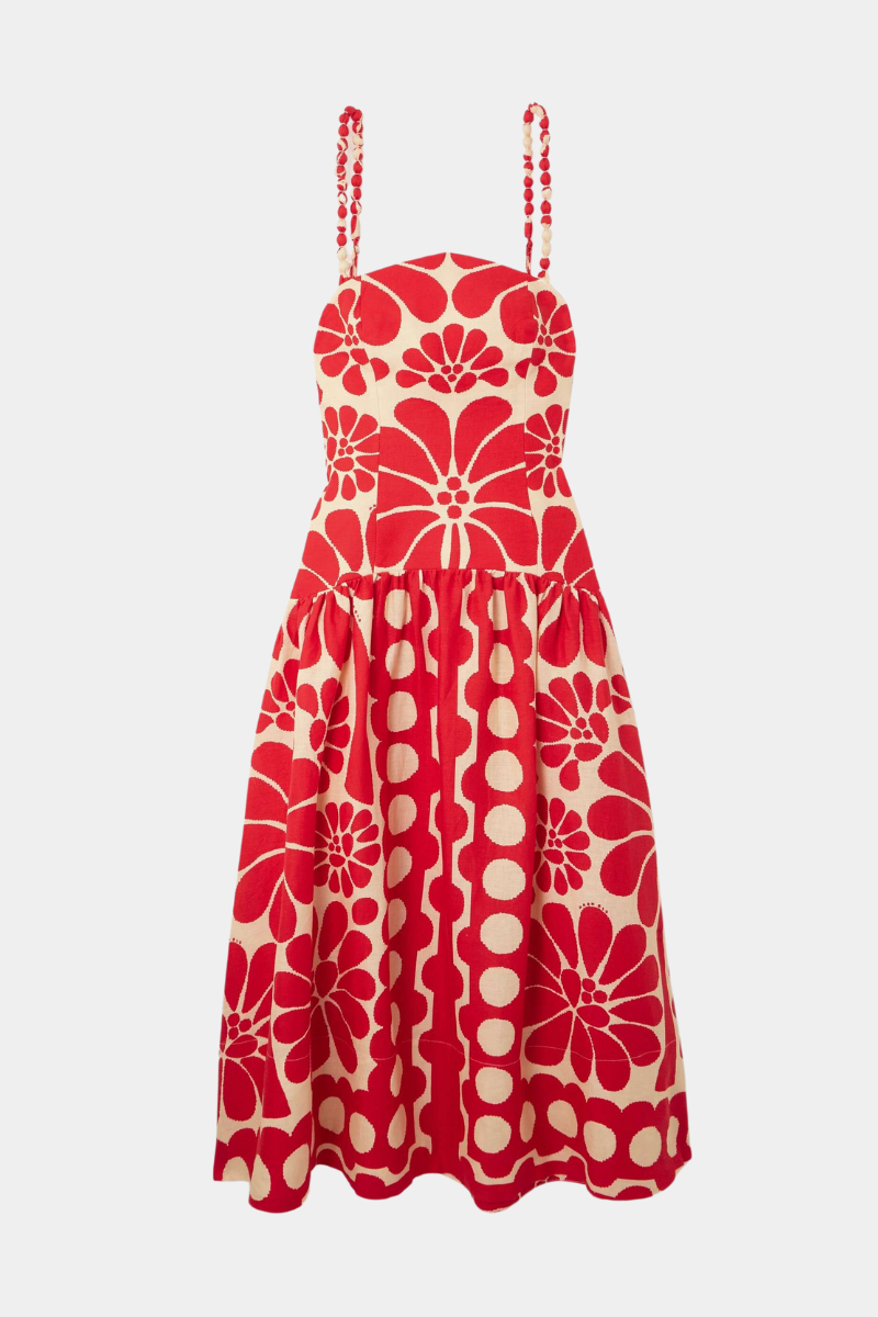 Red - Women's drop-waist midi dress featuring a bold oversized floral print, straight neckline, and artisanal beaded shoulder straps.