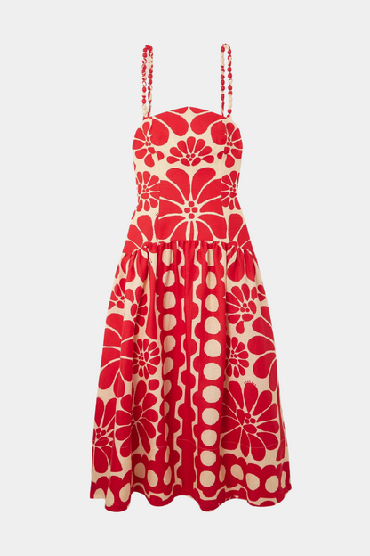 Red - Women's drop-waist midi dress featuring a bold oversized floral print, straight neckline, and artisanal beaded shoulder straps.