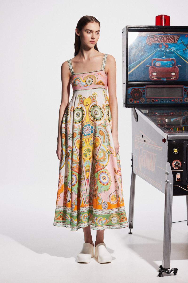 Multicolor - A woman wearing a colourful, sleeveless midi dress with a square neckline, empire waist, and an intricate psychedelic bohemian placement print.