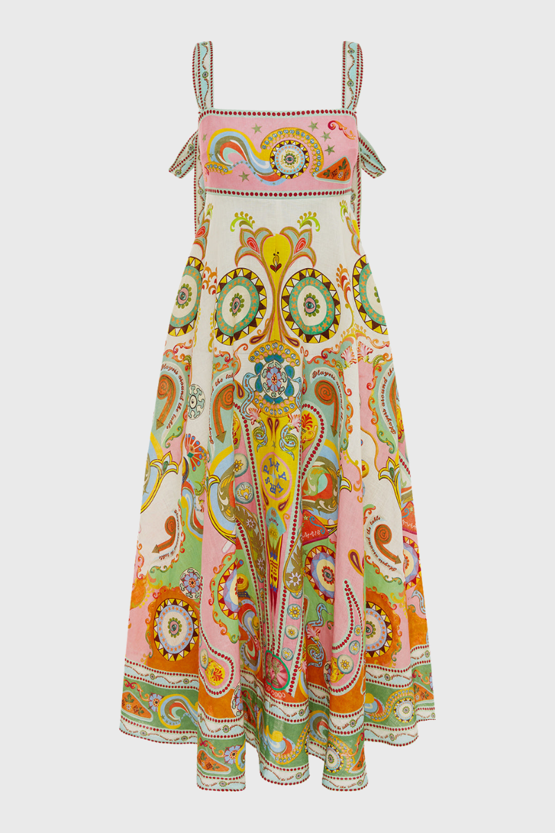 Multicolor - A woman wearing a colourful, sleeveless midi dress with a square neckline, empire waist, and an intricate psychedelic bohemian placement print.
