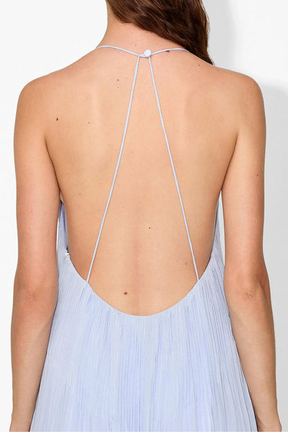 Hydrangea - Front view of a woman modelling a light blue, floor-length pleated maxi dress featuring a V-neckline and thin straps.