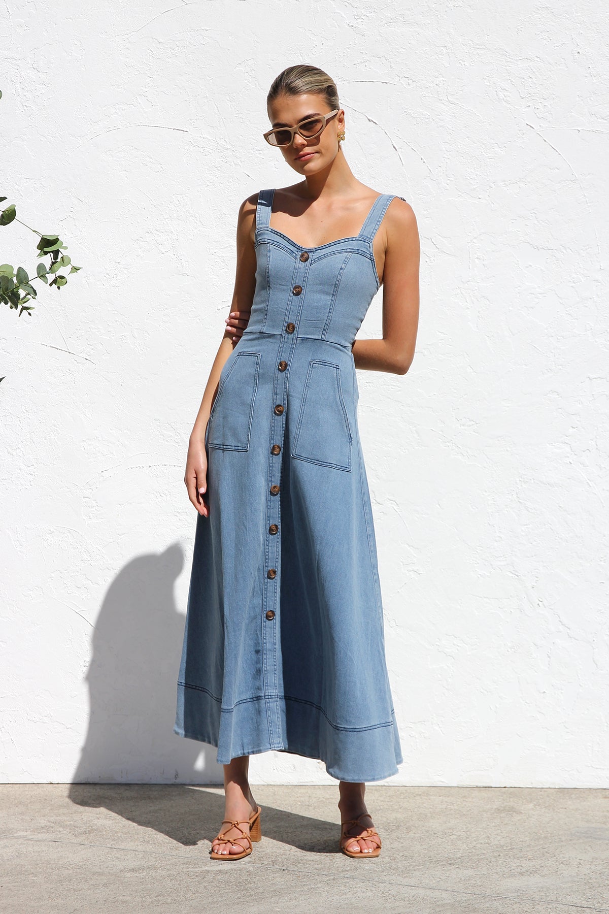 Blue - Women's blue structured midi dress featuring a full button-front, wide straps, sweetheart neckline, and front patch pockets.
