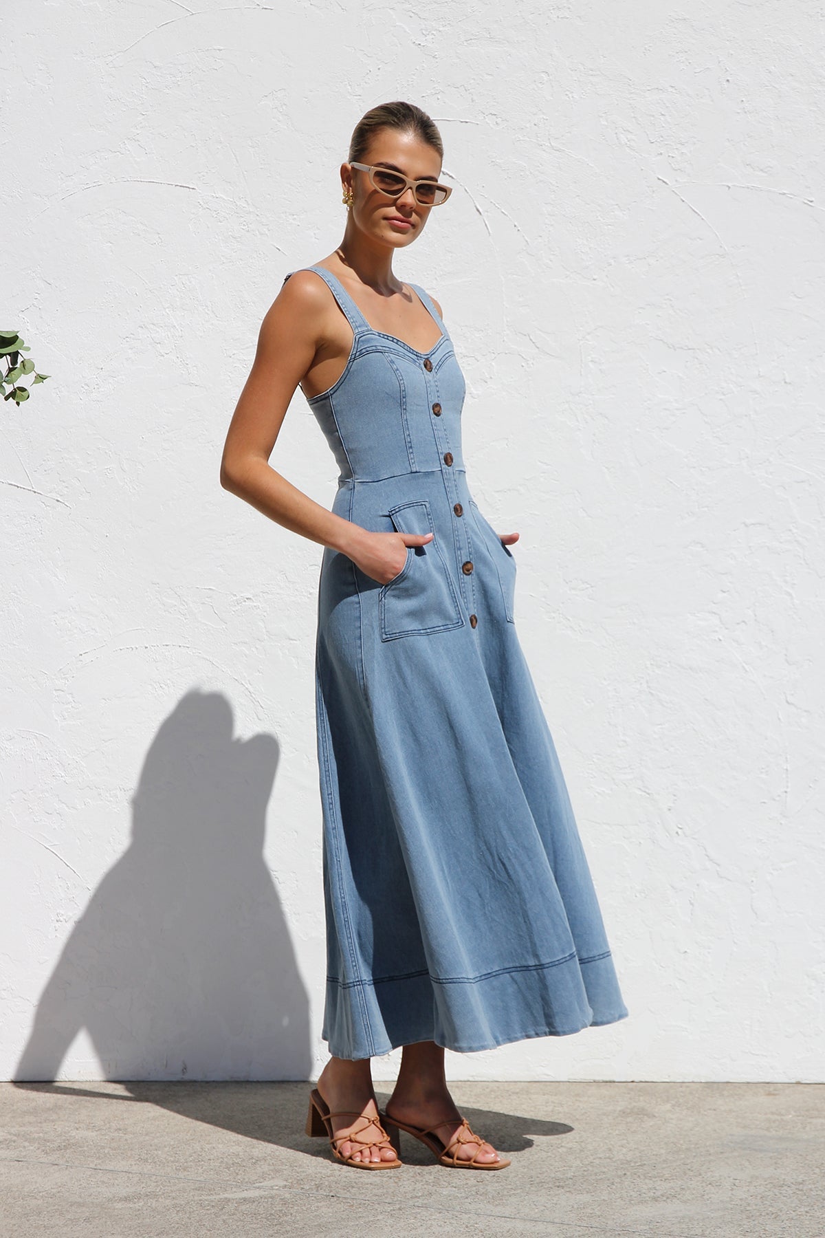 Blue - Women's blue structured midi dress featuring a full button-front, wide straps, sweetheart neckline, and front patch pockets.