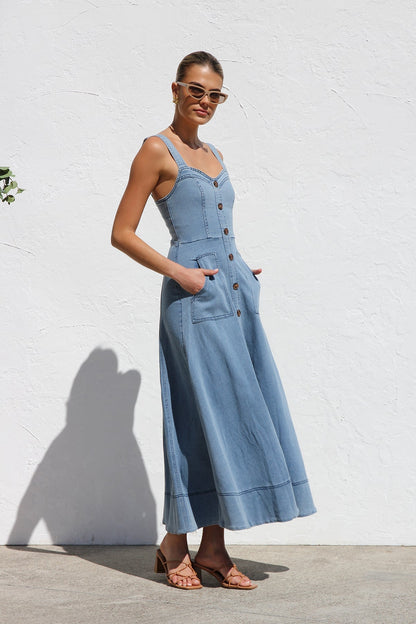 Blue - Women's blue structured midi dress featuring a full button-front, wide straps, sweetheart neckline, and front patch pockets.