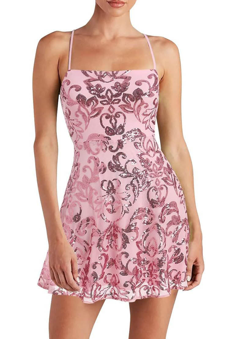 Pink - Full-length view of a model wearing a black A-line mini dress with spaghetti straps and a square neckline, featuring an all-over black sequin baroque pattern.