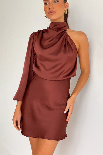 Brown - Women's asymmetrical mini dress featuring a high neckline, draped blouson bodice, and a single long sleeve with a gathered cuff.