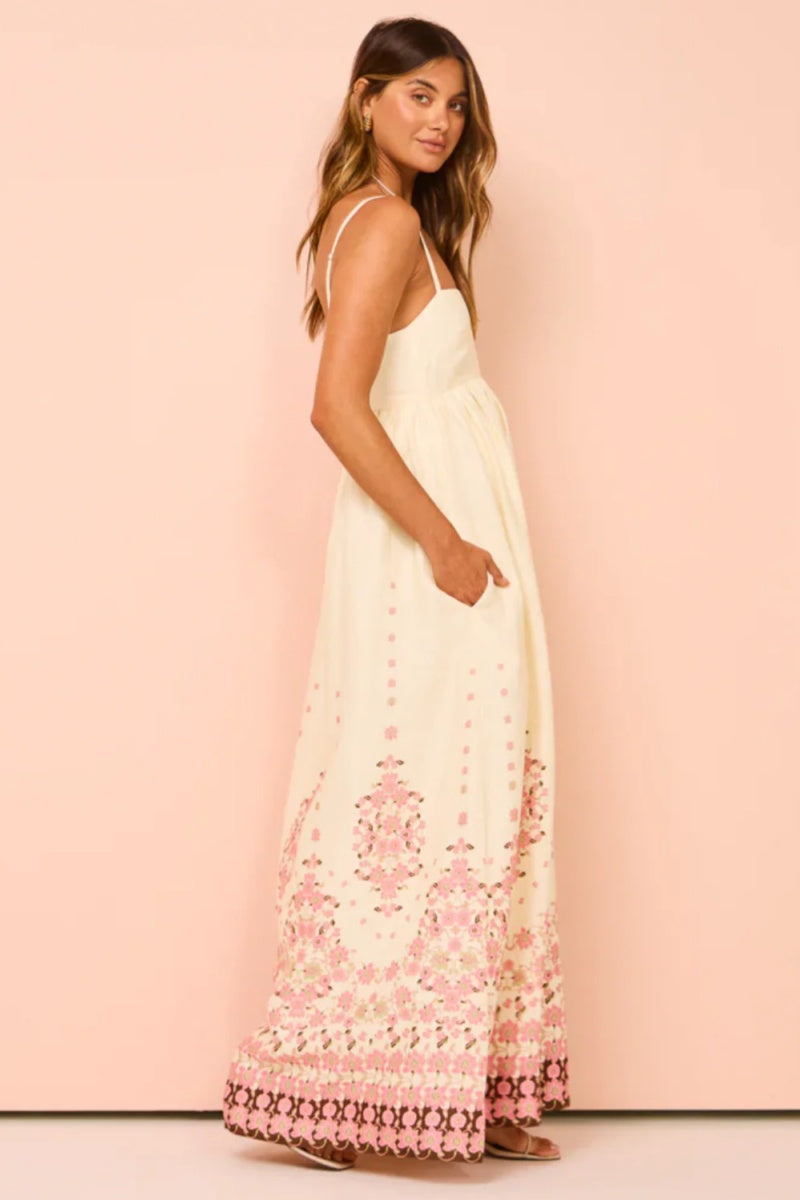 Women's Square Neck A-Line Maxi Dress with a Geometric Border Print