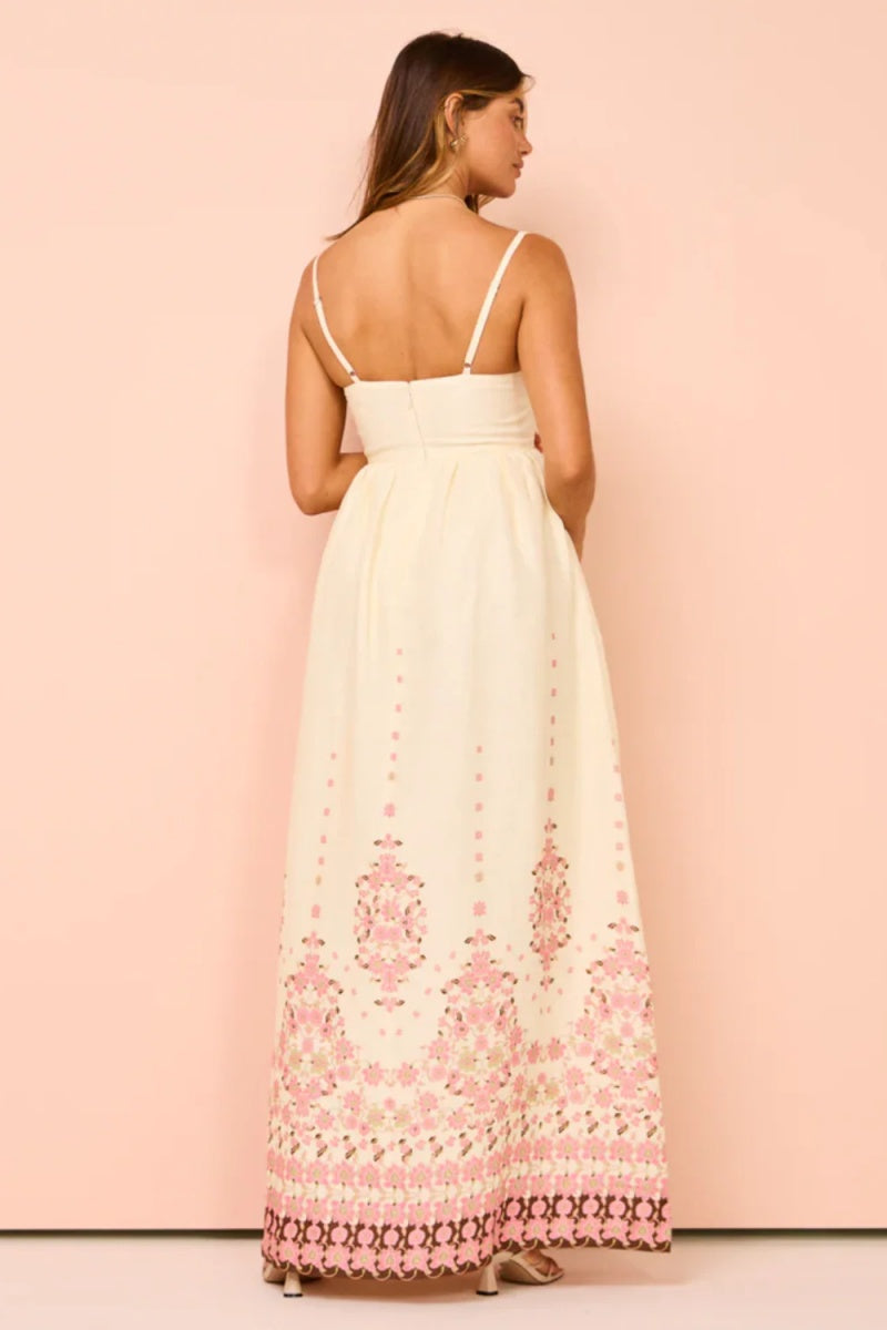Women's Square Neck A-Line Maxi Dress with a Geometric Border Print