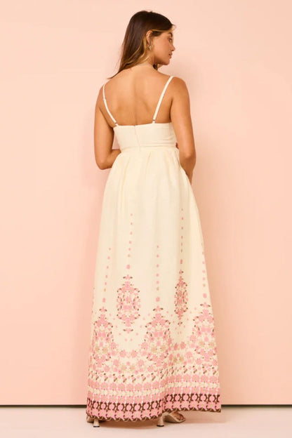 Women's Square Neck A-Line Maxi Dress with a Geometric Border Print