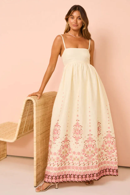 Women's Square Neck A-Line Maxi Dress with a Geometric Border Print