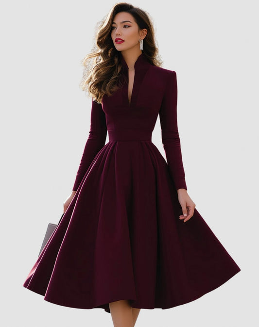 A-Line Long Sleeve Pleated Midi Dress