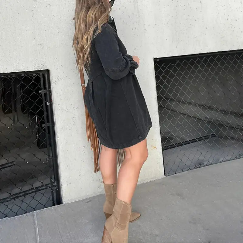 Blue - Women's light blue denim mini shirt dress featuring a collar, silver button-down front, and three-quarter sleeves with ruched, flared cuffs.