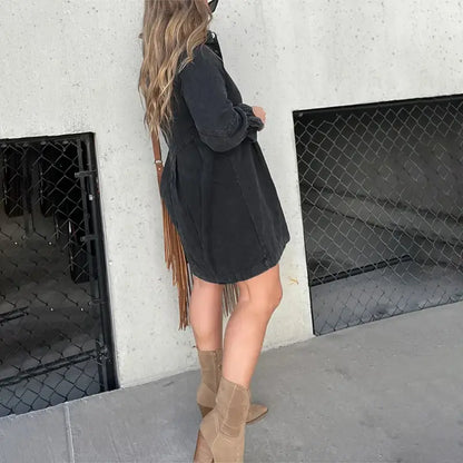 Blue - Women's light blue denim mini shirt dress featuring a collar, silver button-down front, and three-quarter sleeves with ruched, flared cuffs.