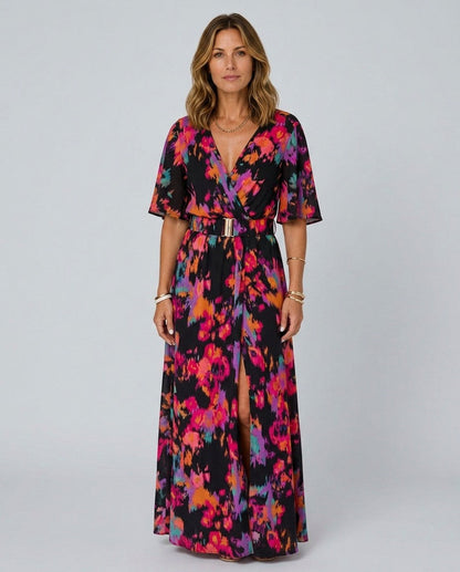 Short Sleeve Abstract Belted Maxi Dress