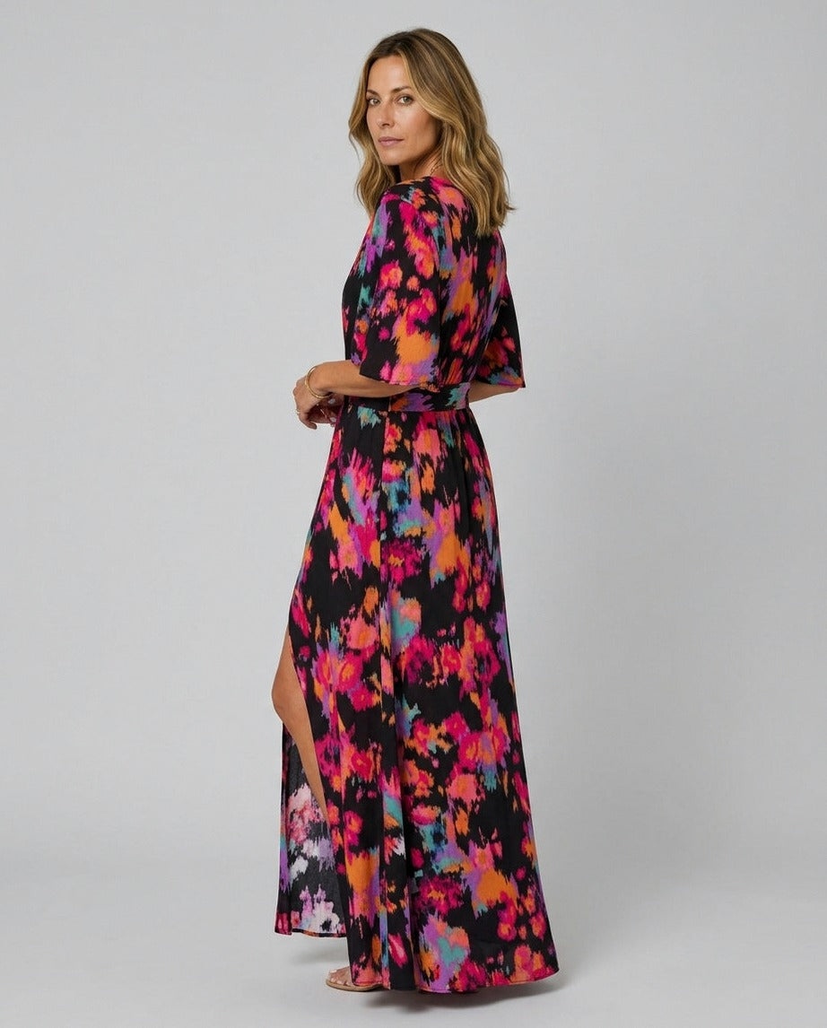 Short Sleeve Abstract Belted Maxi Dress