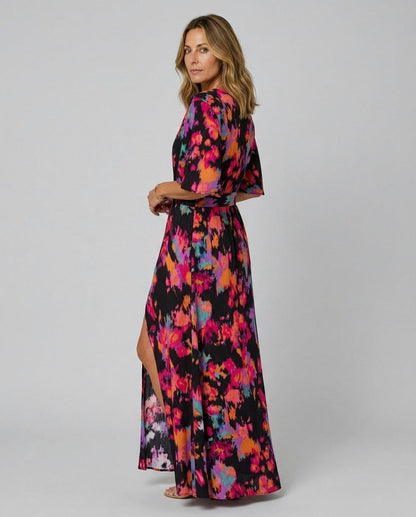 Short Sleeve Abstract Belted Maxi Dress
