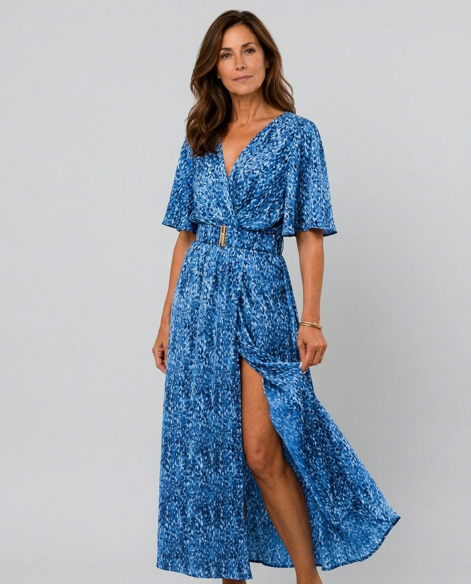 Short Sleeve Abstract Belted Maxi Dress