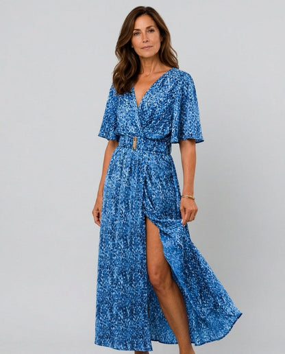 Short Sleeve Abstract Belted Maxi Dress