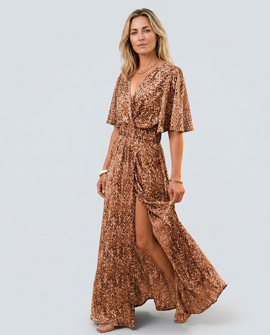 Short Sleeve Abstract Belted Maxi Dress