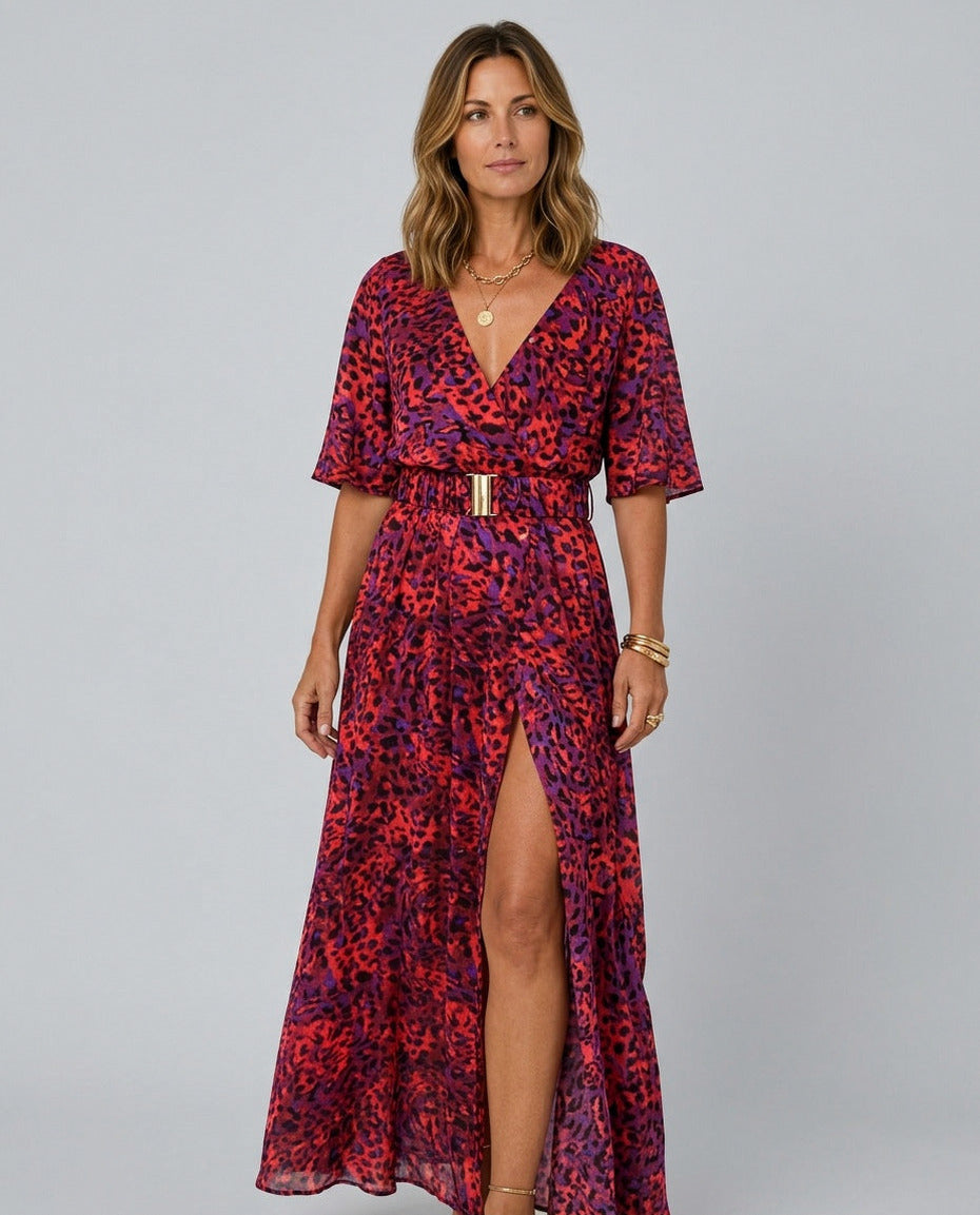 Short Sleeve Abstract Belted Maxi Dress