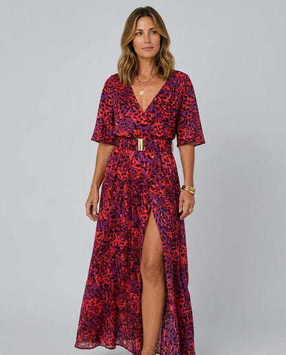 Short Sleeve Abstract Belted Maxi Dress