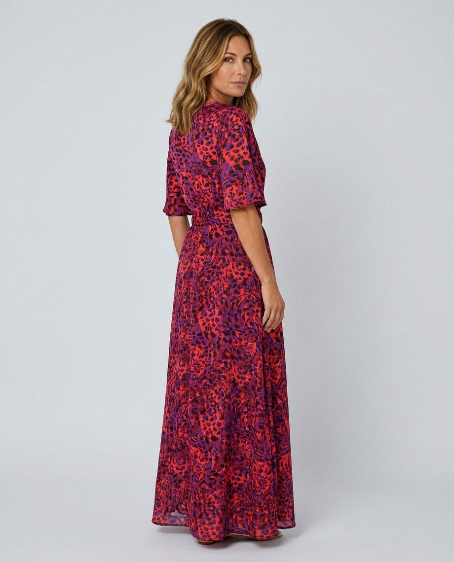 Short Sleeve Abstract Belted Maxi Dress