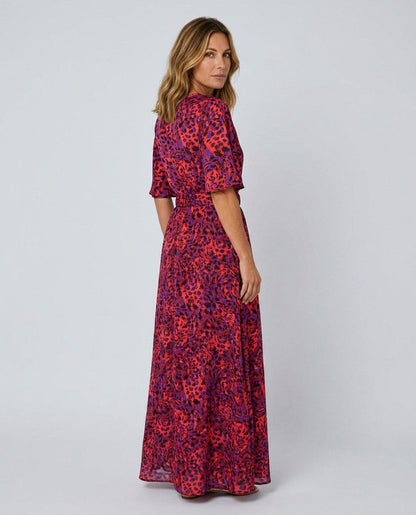 Short Sleeve Abstract Belted Maxi Dress