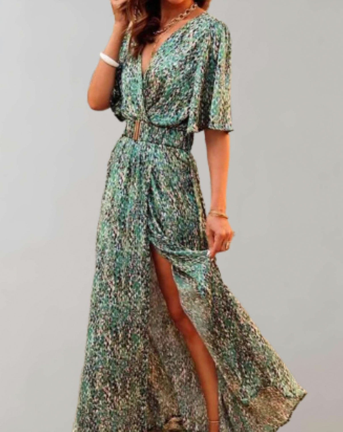 Short Sleeve Abstract Belted Maxi Dress