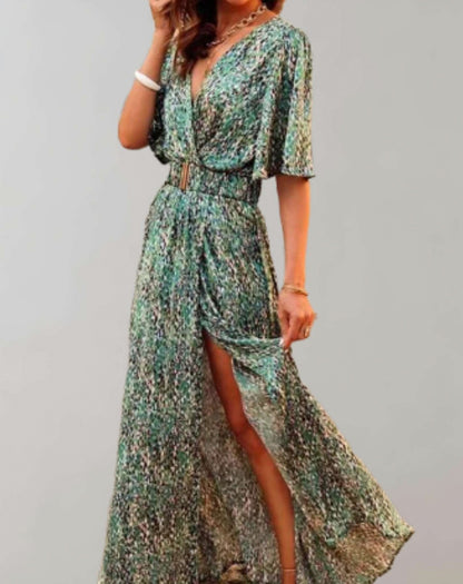 Short Sleeve Abstract Belted Maxi Dress