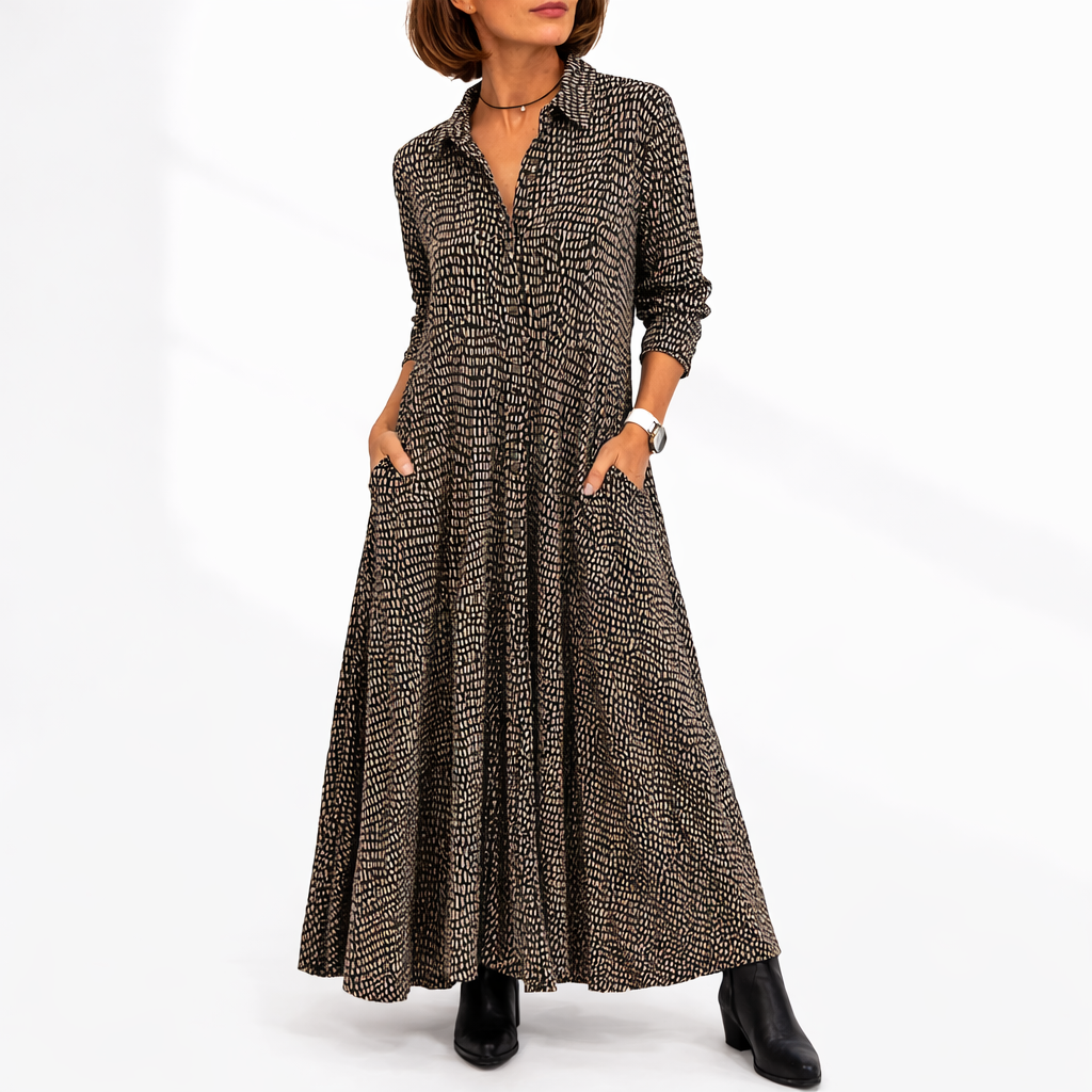 Brown/Black - Woman wearing an abstract print collared maxi shirt dress with front buttons and relaxed fit.