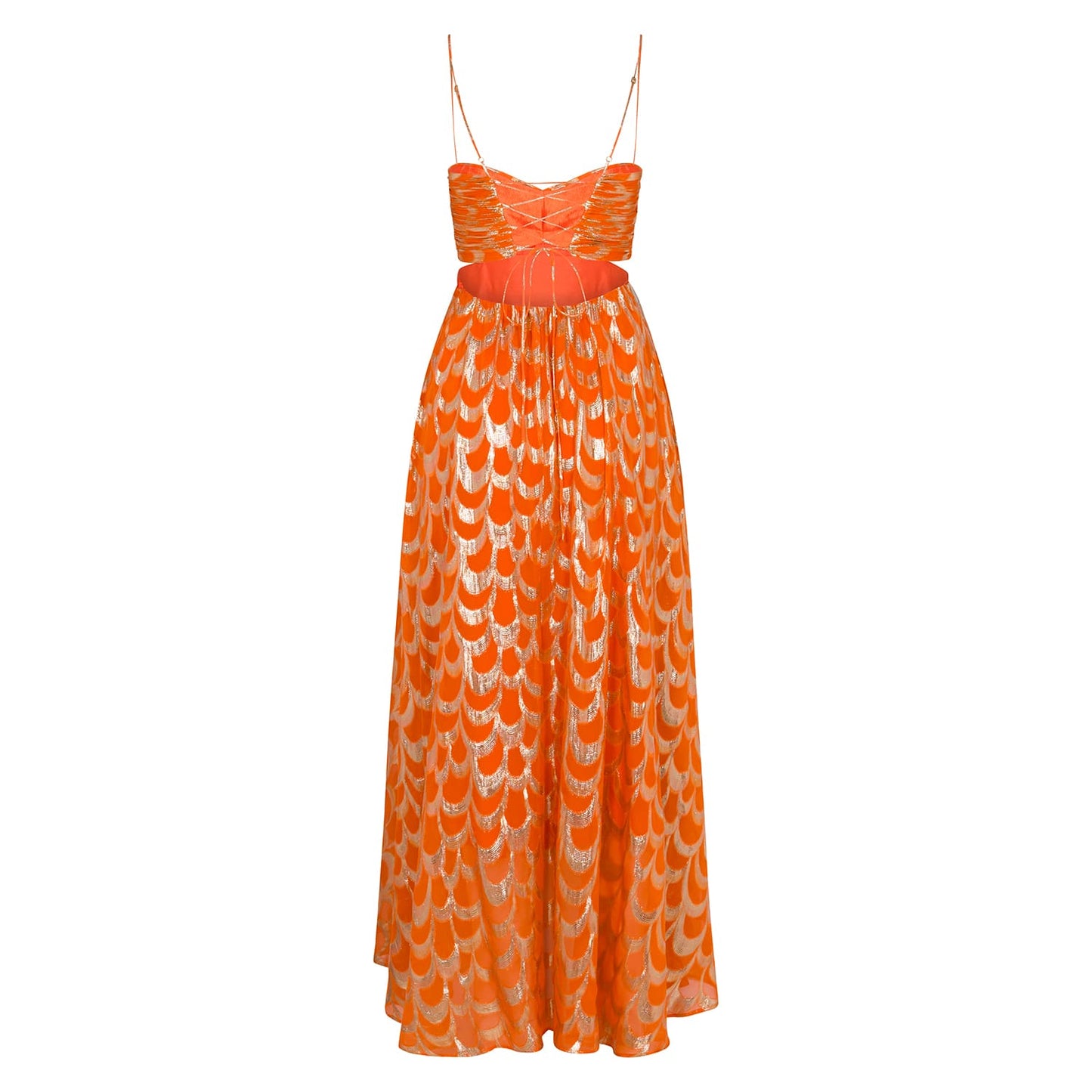 A woman modelling a vibrant orange maxi dress featuring a metallic gold scallop pattern, a ruched sweetheart bodice, side cut-outs, and delicate spaghetti straps.