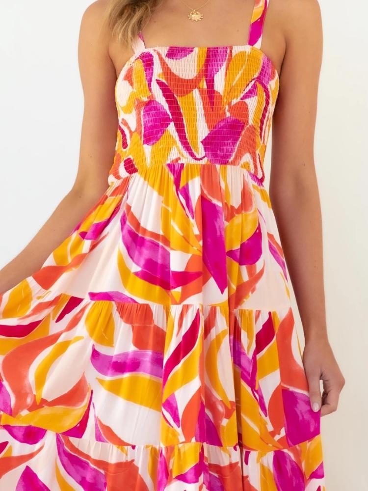 Hot Pink - Women's bright abstract print midi dress featuring a fitted shirred bodice, square neckline, and a flowing tiered skirt.