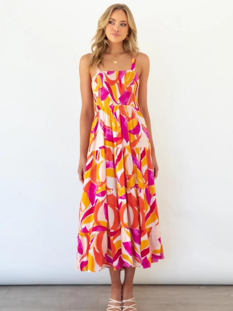 Hot Pink - Women's bright abstract print midi dress featuring a fitted shirred bodice, square neckline, and a flowing tiered skirt.