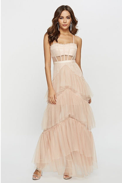 Pink - A woman wearing a pale pink, floor-length maxi dress featuring a structured corset-style bodice with sheer panels and a voluminous, multi-tiered tulle skirt.
