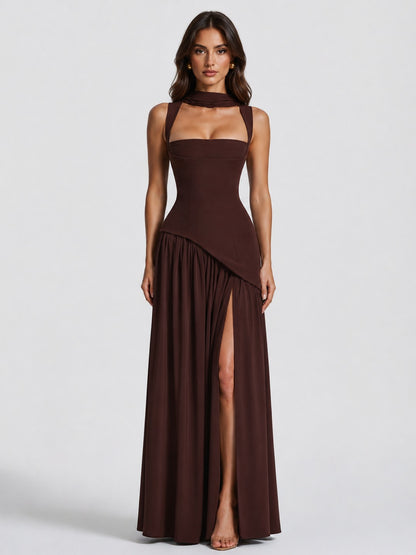 Asymmetric Corset Scarf Maxi Dress