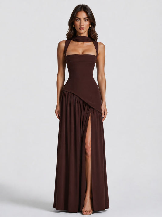 Asymmetric Corset Scarf Maxi Dress