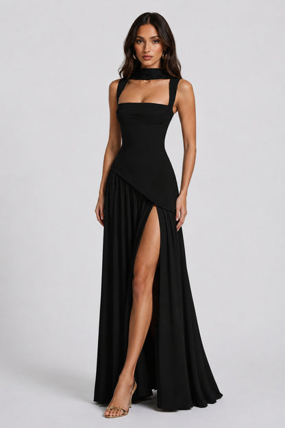 Asymmetric Corset Scarf Maxi Dress
