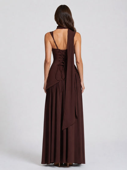 Asymmetric Corset Scarf Maxi Dress