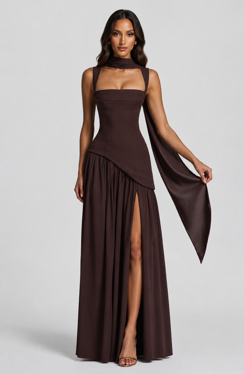 Asymmetric Corset Scarf Maxi Dress