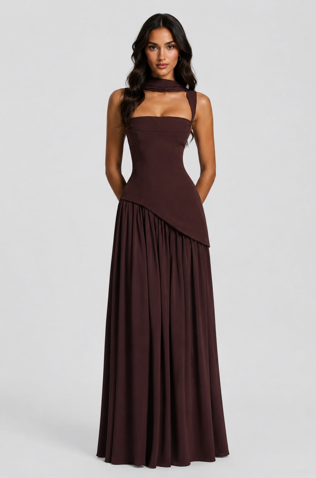Asymmetric Corset Scarf Maxi Dress