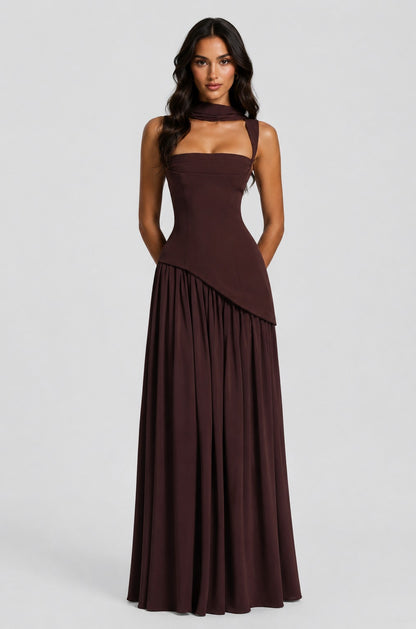 Asymmetric Corset Scarf Maxi Dress