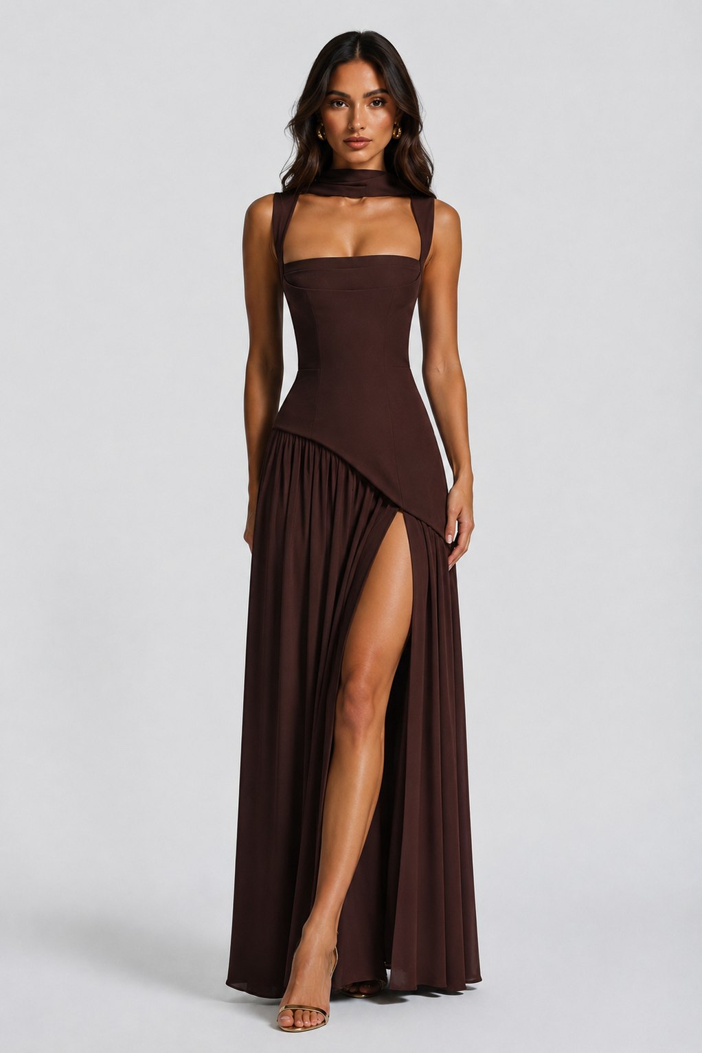 Asymmetric Corset Scarf Maxi Dress