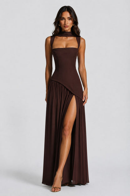 Asymmetric Corset Scarf Maxi Dress