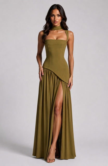 Asymmetric Corset Scarf Maxi Dress