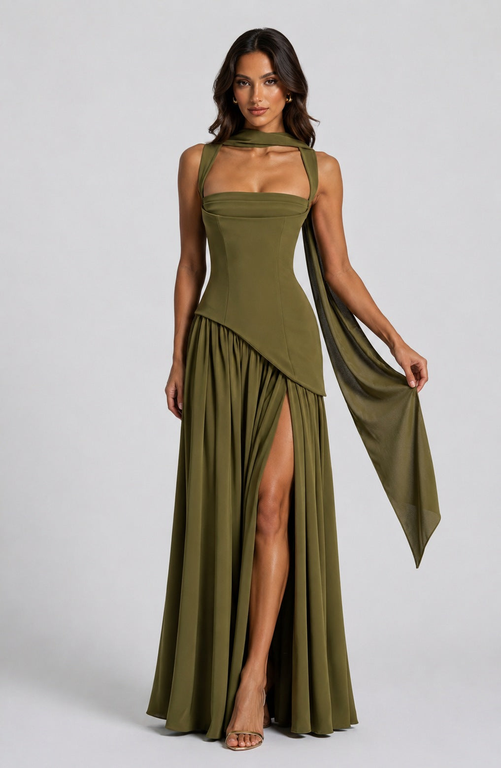 Asymmetric Corset Scarf Maxi Dress