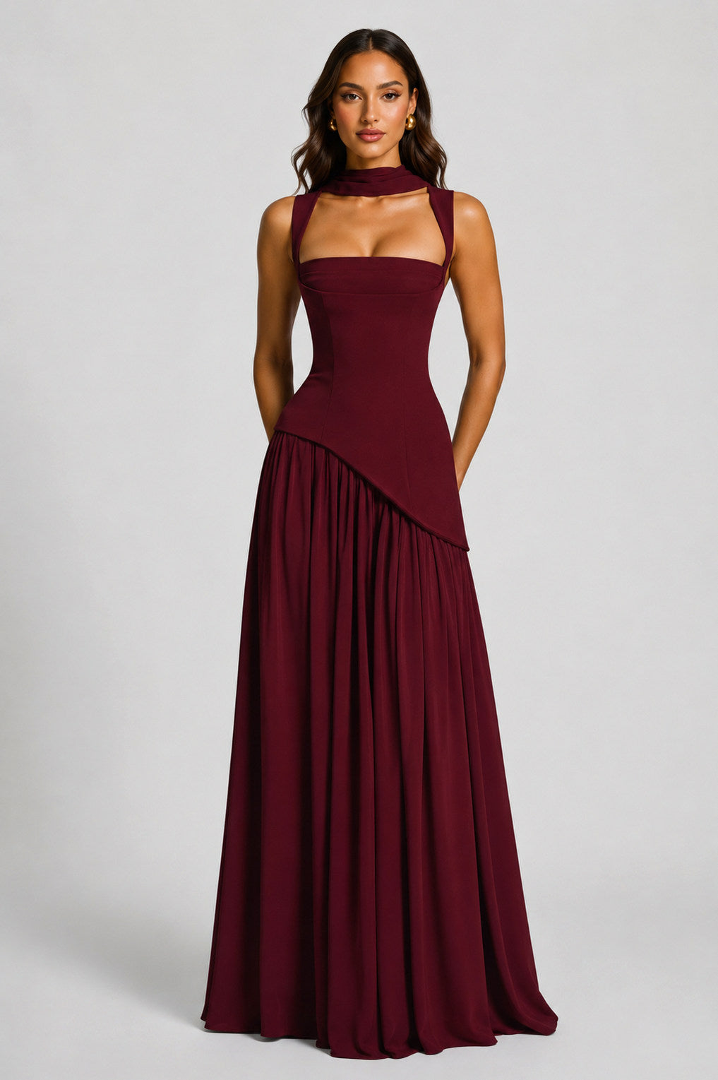 Asymmetric Corset Scarf Maxi Dress