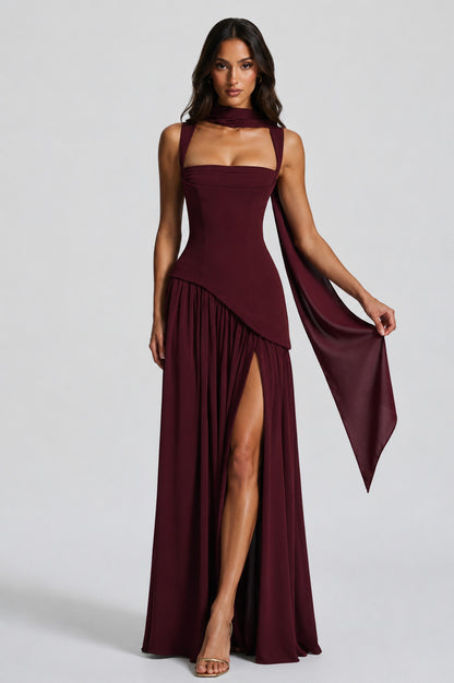 Asymmetric Corset Scarf Maxi Dress